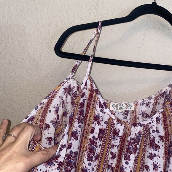 Pink Rose Floral Hippie Jojo Open Shoulder Blouse 3/4 Balloon Sleeve L Women - Picture 4 of 9